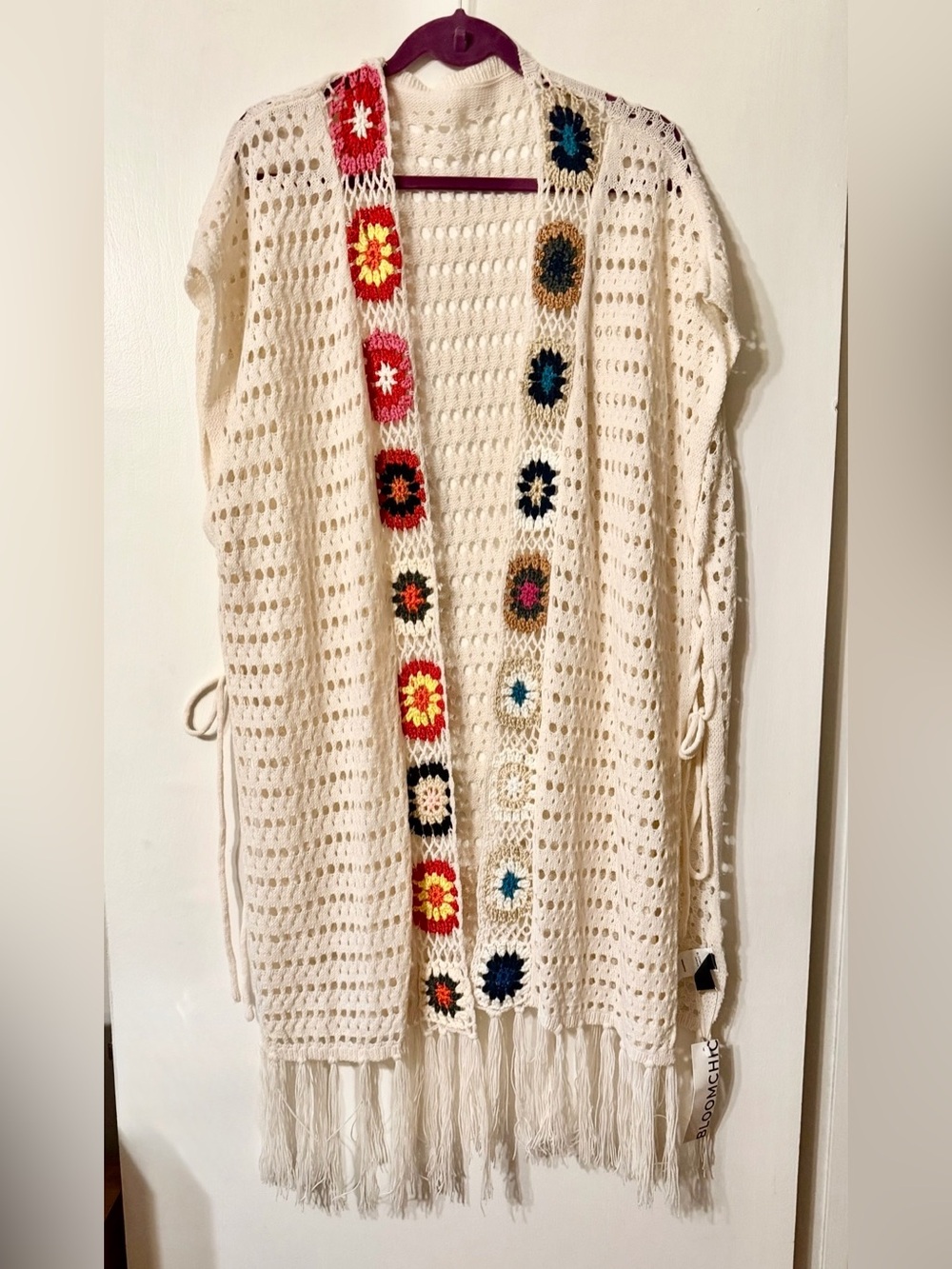 BloomChic NWT Cream Crochet Fringe Cardigan Vest Multicolor Granny Squares SZ 12